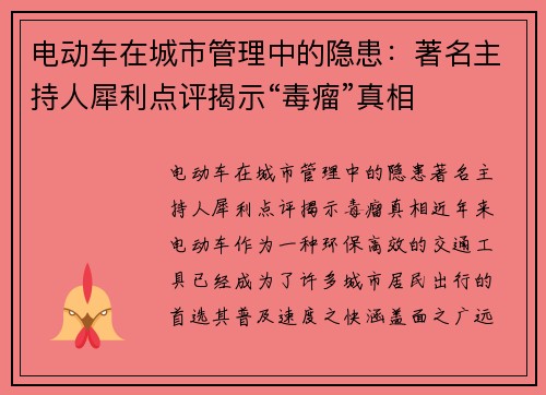 电动车在城市管理中的隐患：著名主持人犀利点评揭示“毒瘤”真相